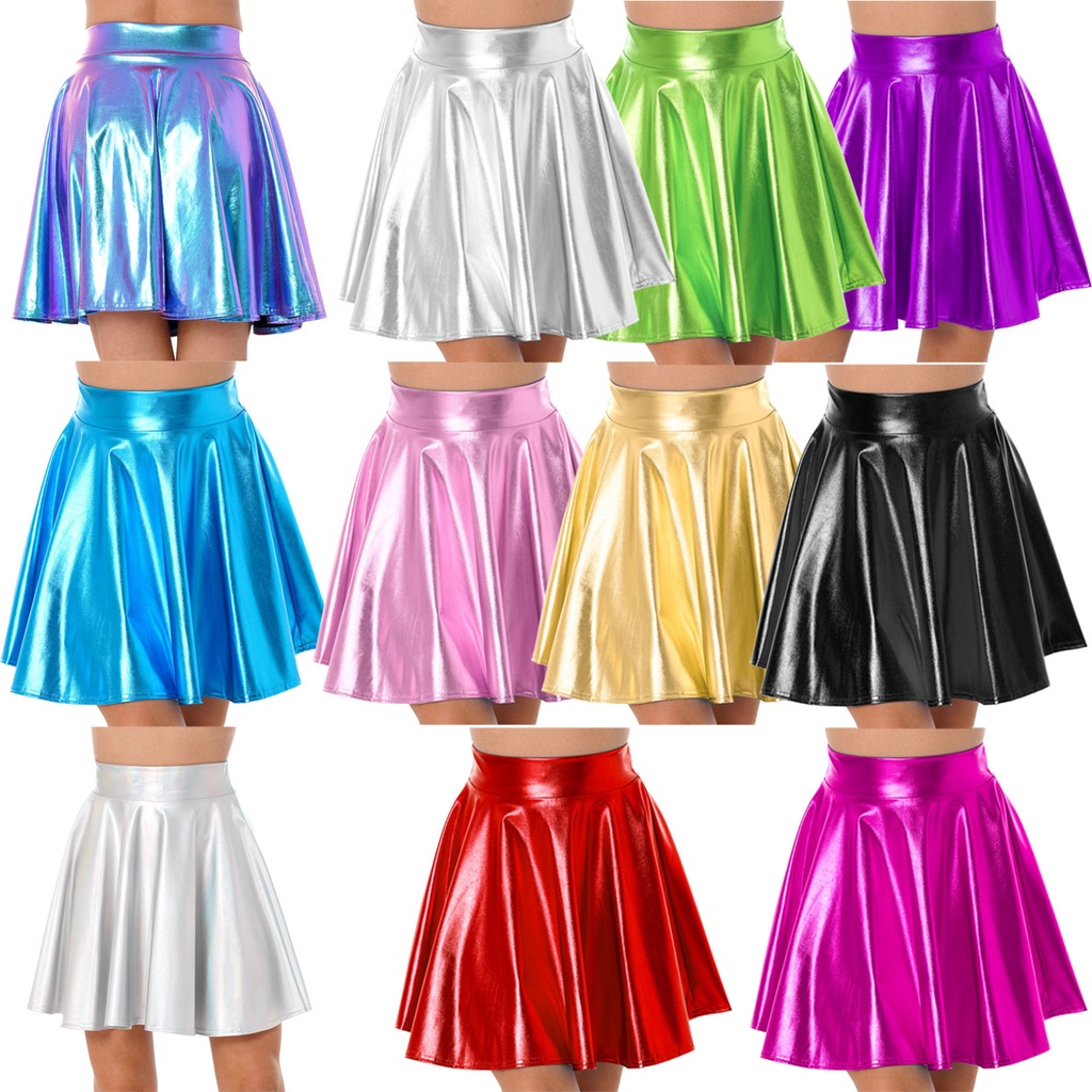 Women Glossy High Waist Flare Skirt Club Stage Costume Party Dancewear ...
