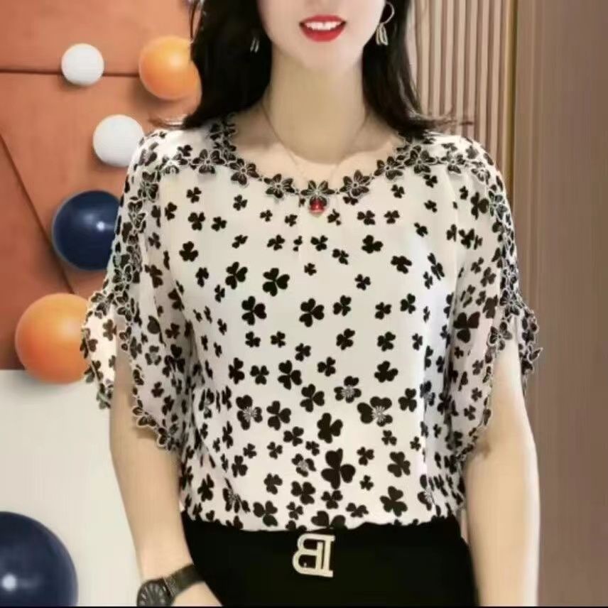 Chiffon Blouse Plus Size Women S Summer Korean Style Fashion Floral Printed Round Neck Shirt