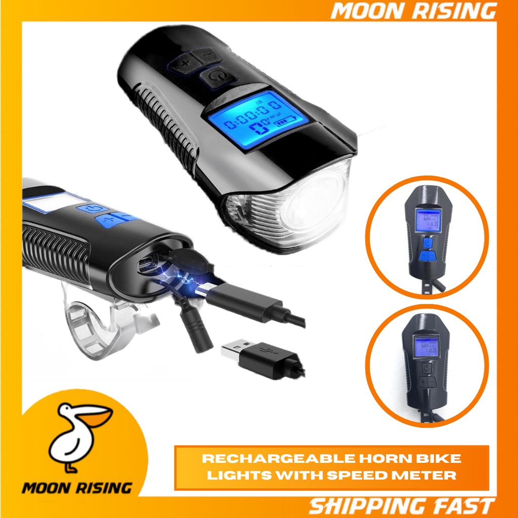 RECHARGEABLE HORN BIKE LIGHTS WITH SPEED METER KM/HR LED SCREEN DELUXE  VERSION [MOON RISING]