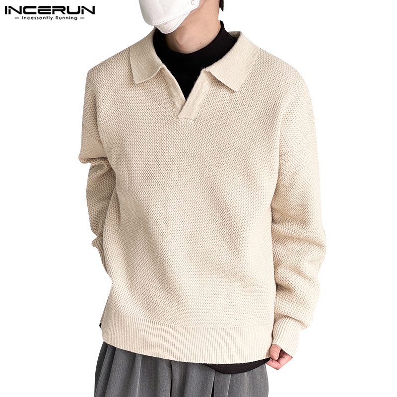Incerun Men S Loose Solid V Neck Pullover Long Sleeve Sweater Shopee