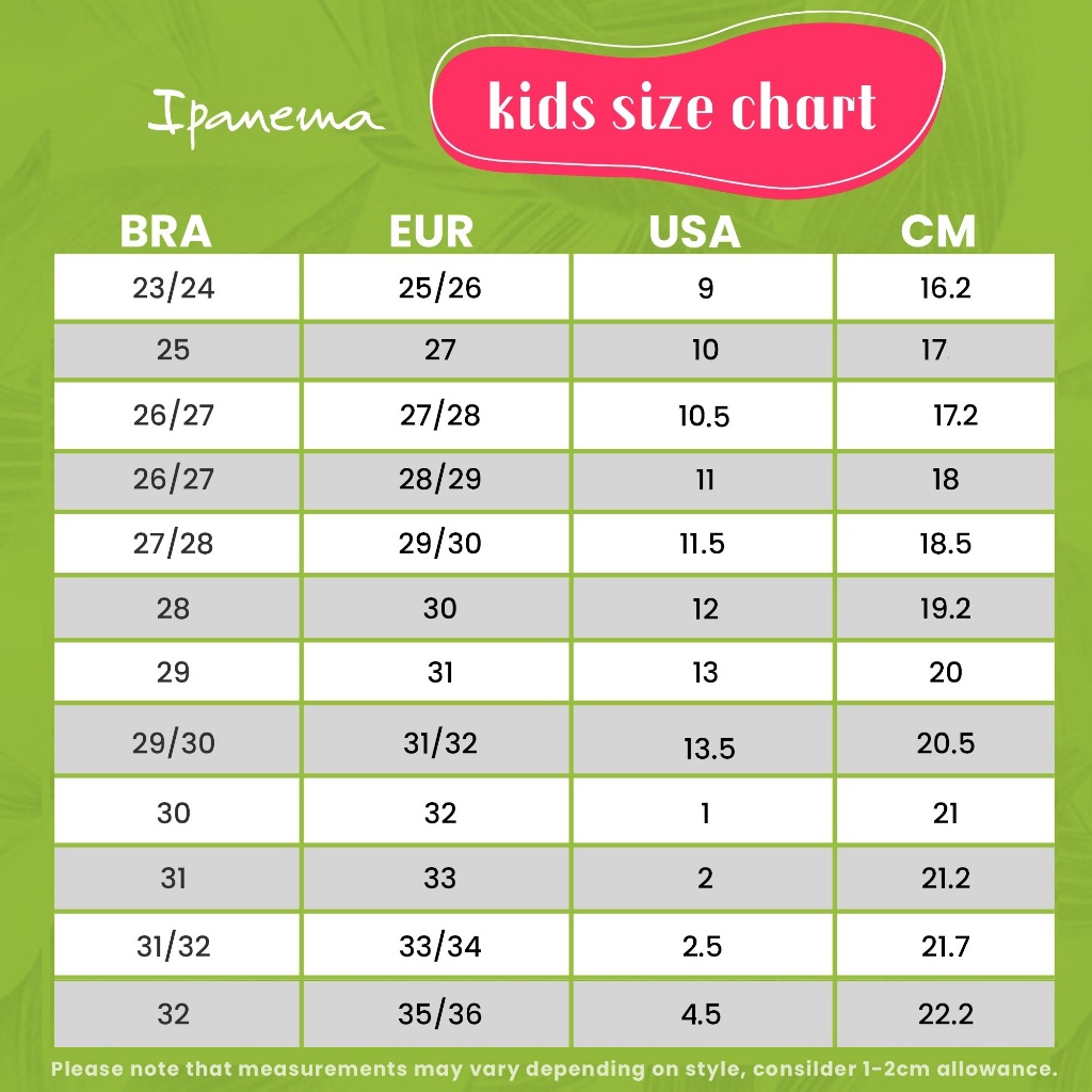 Ipanema size guide 2025 cm