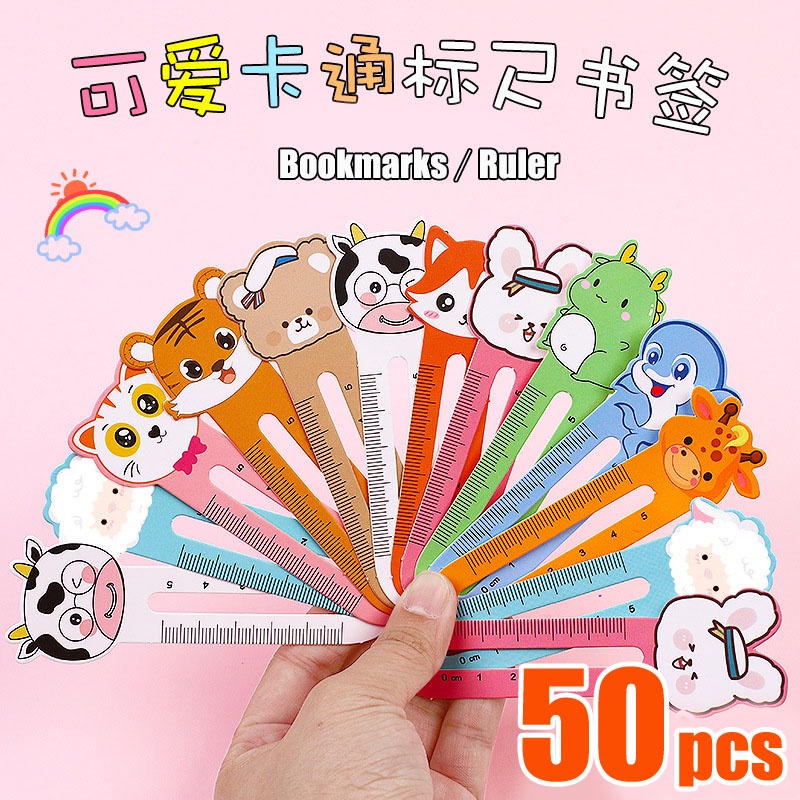 50pcs Cute Cartoon Ruler Bookmark Creative Animal Paper Bookmark Kawaii ...