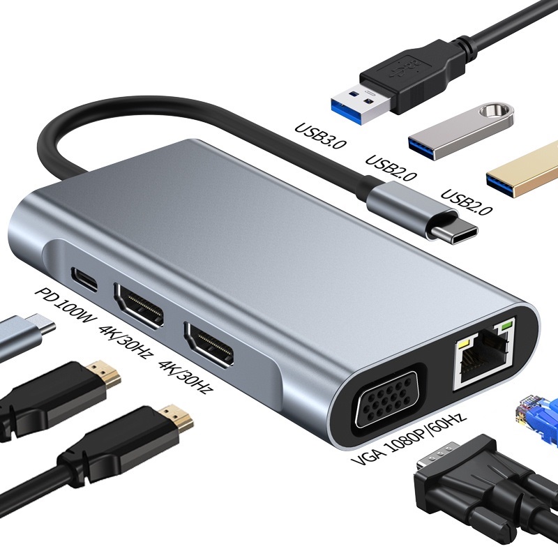 NEW 8-IN-1 Type-C Docking Station to two HDMI 4K VGA RJ45 Ethernet LAN ...