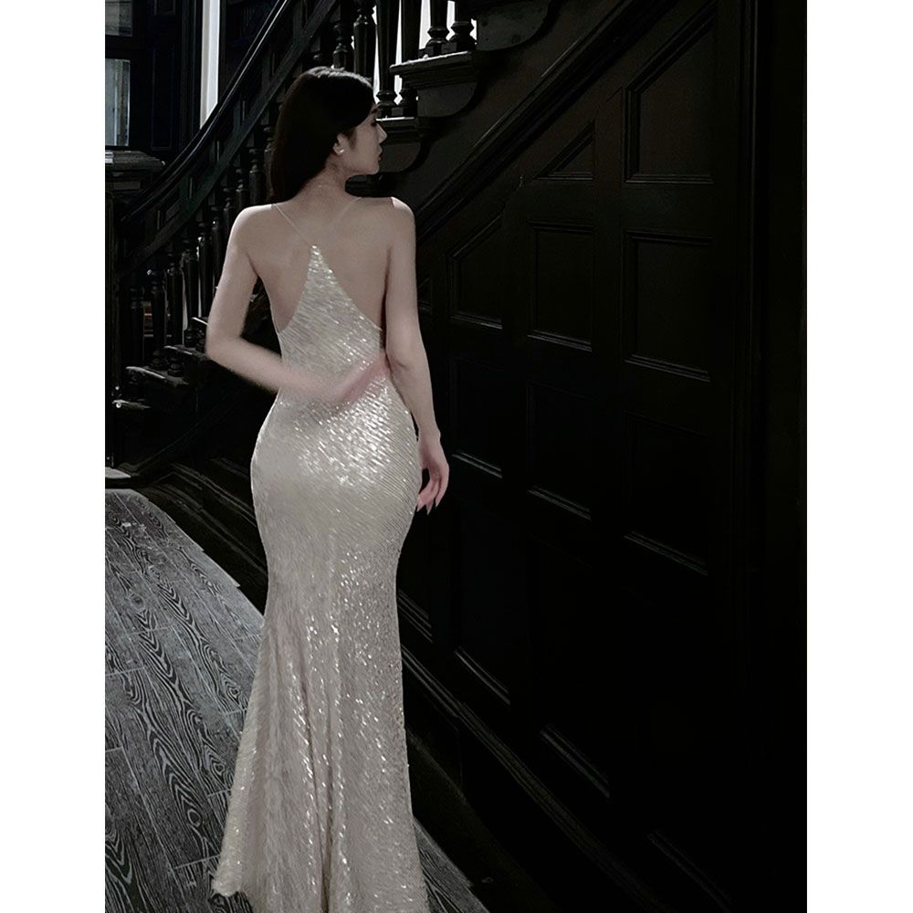 Evening Party Formal Cocktail Maxi Banquet Sling Long Tail Irregular Asymmetric Stripes Host Dress Sequ Dress