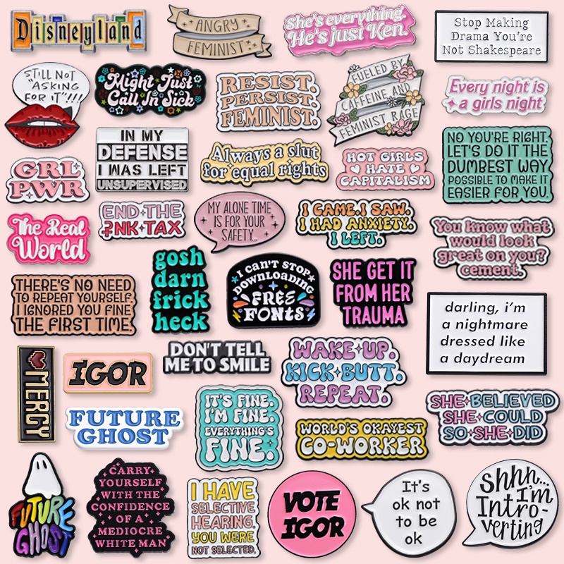 50 New Styles Creative English Text Cartoon Brooches Funny Sentences