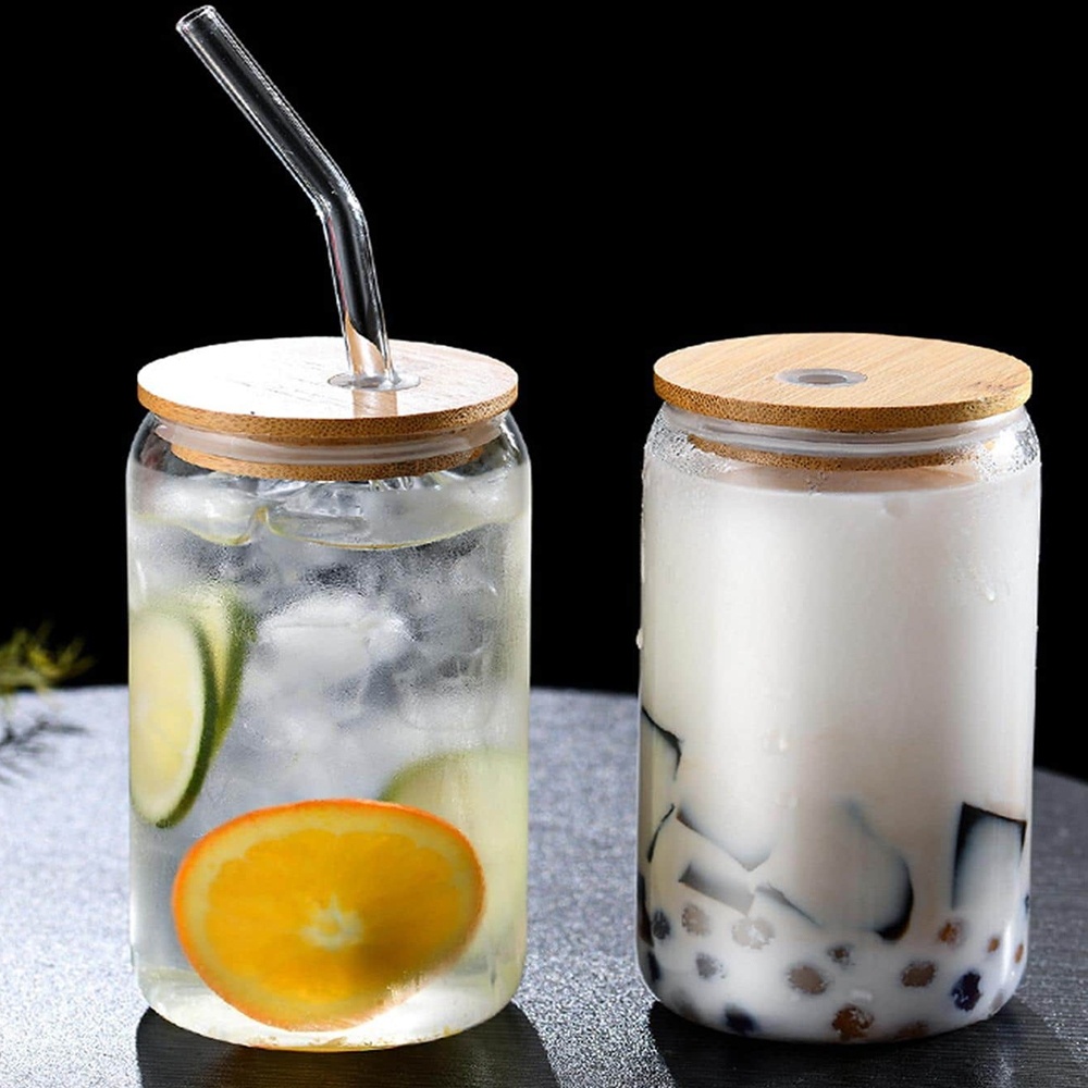 Aesthetic Beverages Can Design Water Glass Cup with Bamboo Lid and ...