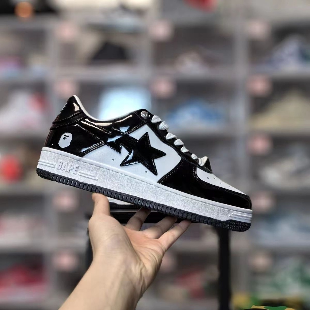 Bape Star Low Cut Sneakers Black White Trendy Men Women Fashion Glossy ...