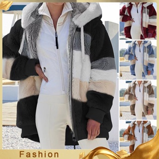 Women Winter Coat Color Block Long Sleeves Zipper Cardigan Loose Furry Warm  Plush Plus Size Lady Jacket Winter Clothes