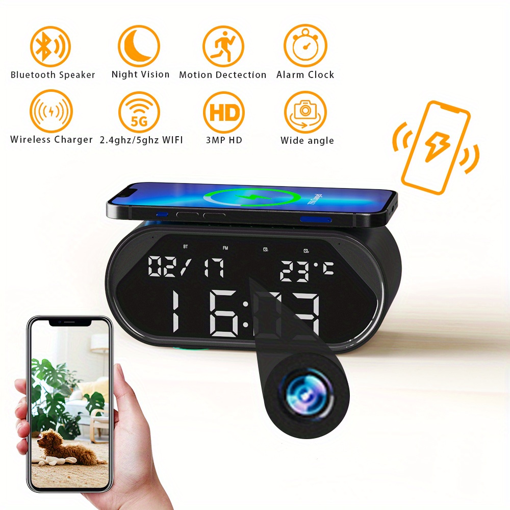 1pc 5-in-1 BT Speaker Clock, WiFi 3MP HD Hidden Camera, 2.4/5ghz WiFi ...