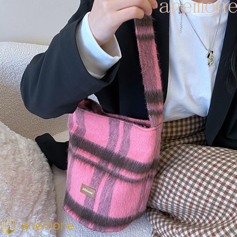 ANEMONE Wool Plaid Bucket Bag, Check Letter Checkered Tote Bag, Cute