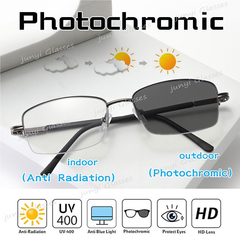 Photochromic Anti Radiation Half Frame Glasses For Women Men Transition Rectangle Eyeglasses 3004