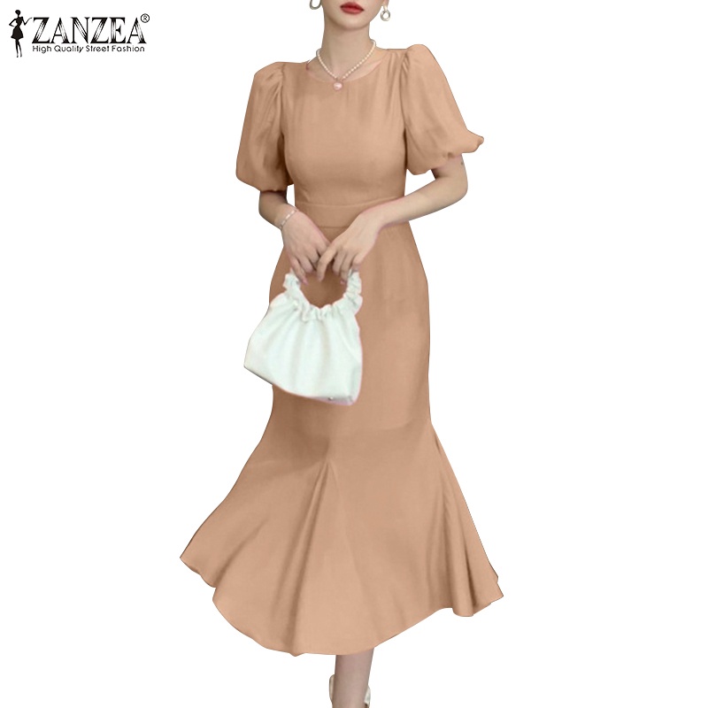 ZANZEA Women Puff Sleeves Round Neck Back Center Zipper Fishtail Hem ...