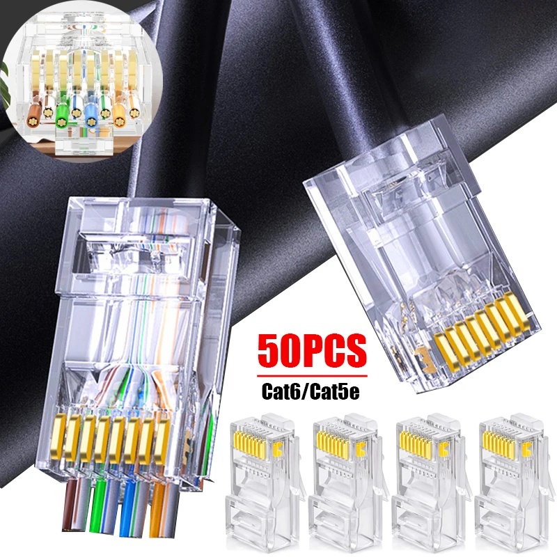 10/50Pcs Gigabit Network Crimp Crystal Head - CAT5/6 Through Hole Gold ...