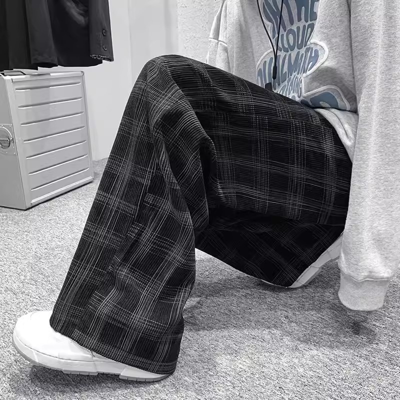 Plaid Pants For Men Fashion Korean Style Slacks Baggy Straight Cut