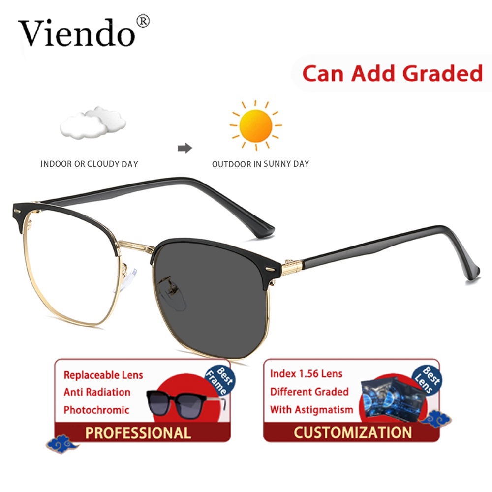 VIENDO Anti Radiation Photochromic Eye Graded Glasses For Women Men Anti  Blue Light UV400 Myopic Metal Business Style Square Sun Adaptive Transition 