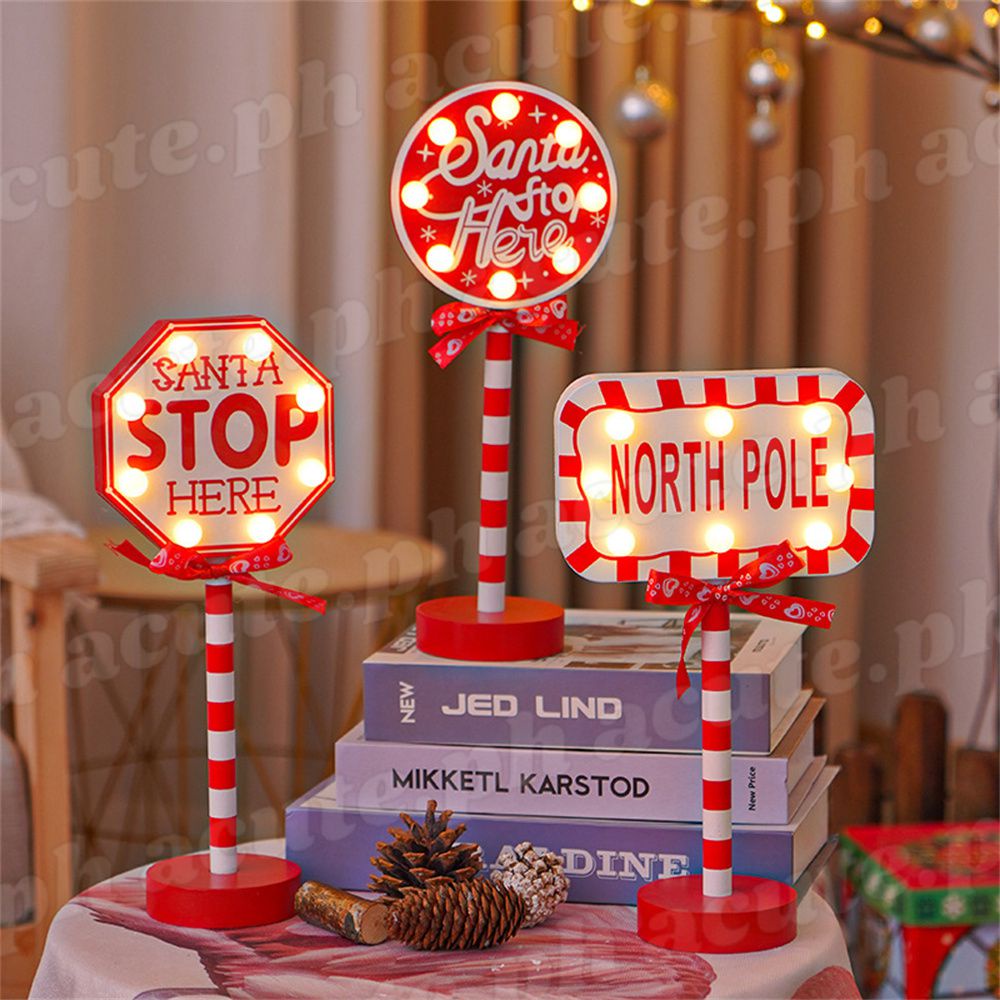 Christmas Street Signs Stop Decorative Lights Wooden Christmas Hat House Christmas Holiday 