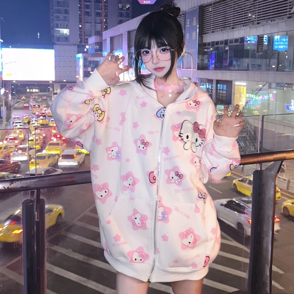 New Cartoon Anime Sanrio Hello Kitty Print Woman Spring Autumn Comforts  Hooded Zipper Cardigan Coat Kawaii Creativity Girl Student Loose Oversize  Casual Long Sleeves Hoodies [RAIN]