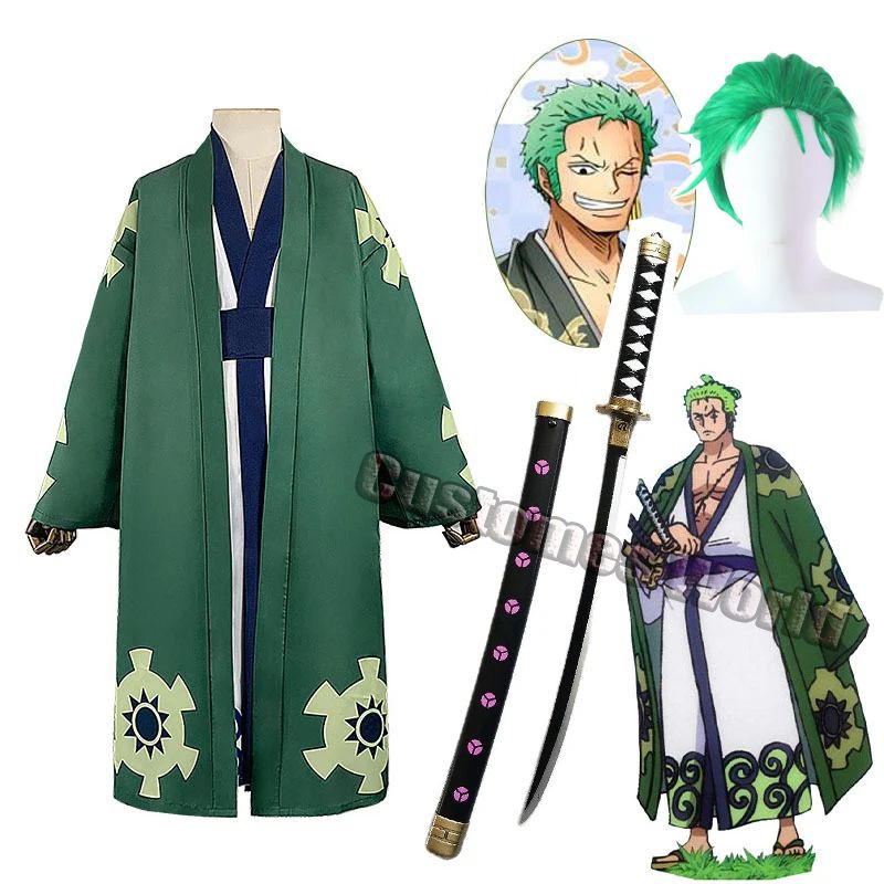 Anime Pirate Roronoa Zoro Green Wigs Cosplay Costume Dresses Wano Kuni ...