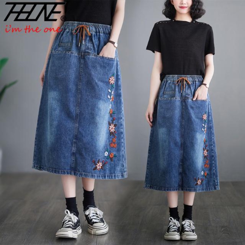 Denim Skirt Women Long Jeans Plus Size Embroidery Cotton Korean Style Elastic High Waist Wrap Indian Floral Ironless Vintage Plain Fairy Midi Loose Pockets Skirts Lady In Stock Shopee Philippines