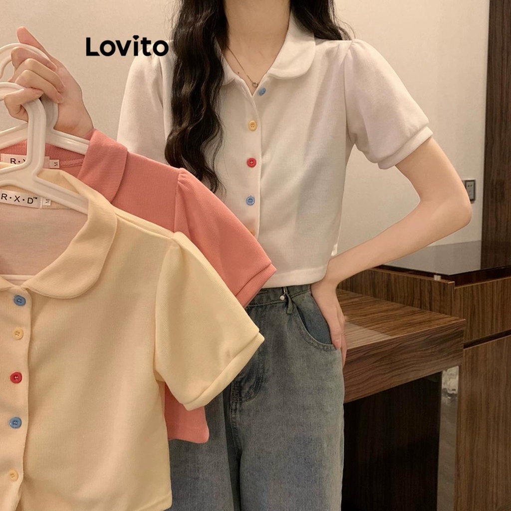 Lovito Women Casual Plain Button Front TShirt LNA39039 (White/Pink