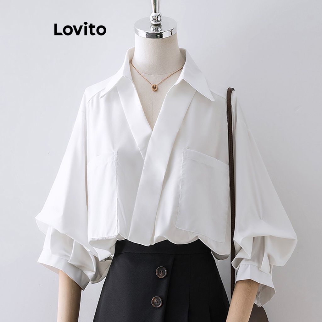 Lovito Women Casual Plain Asymmetrical Pocket Wrap Blouse L77ed024