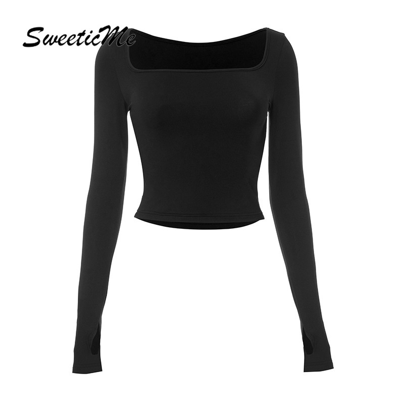 SweeticMe Women's 2023 New Fashion Solid Color Square Neck Long Sleeve ...