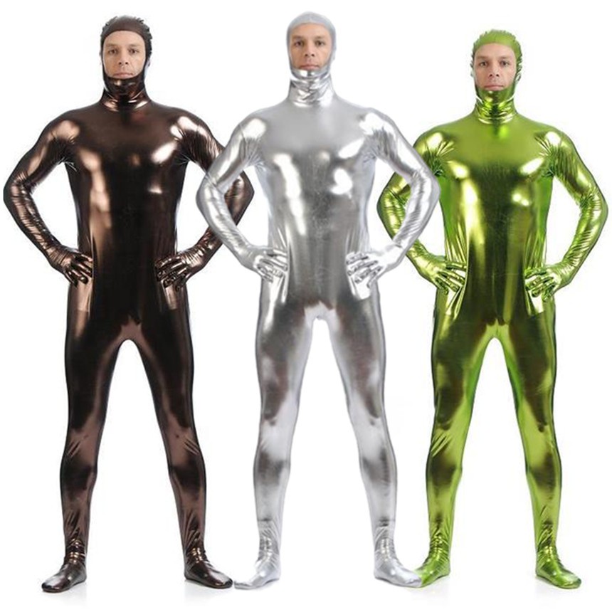 Men Plus size Skinny full body wrap jumpsuits Gilded Silver Shiny