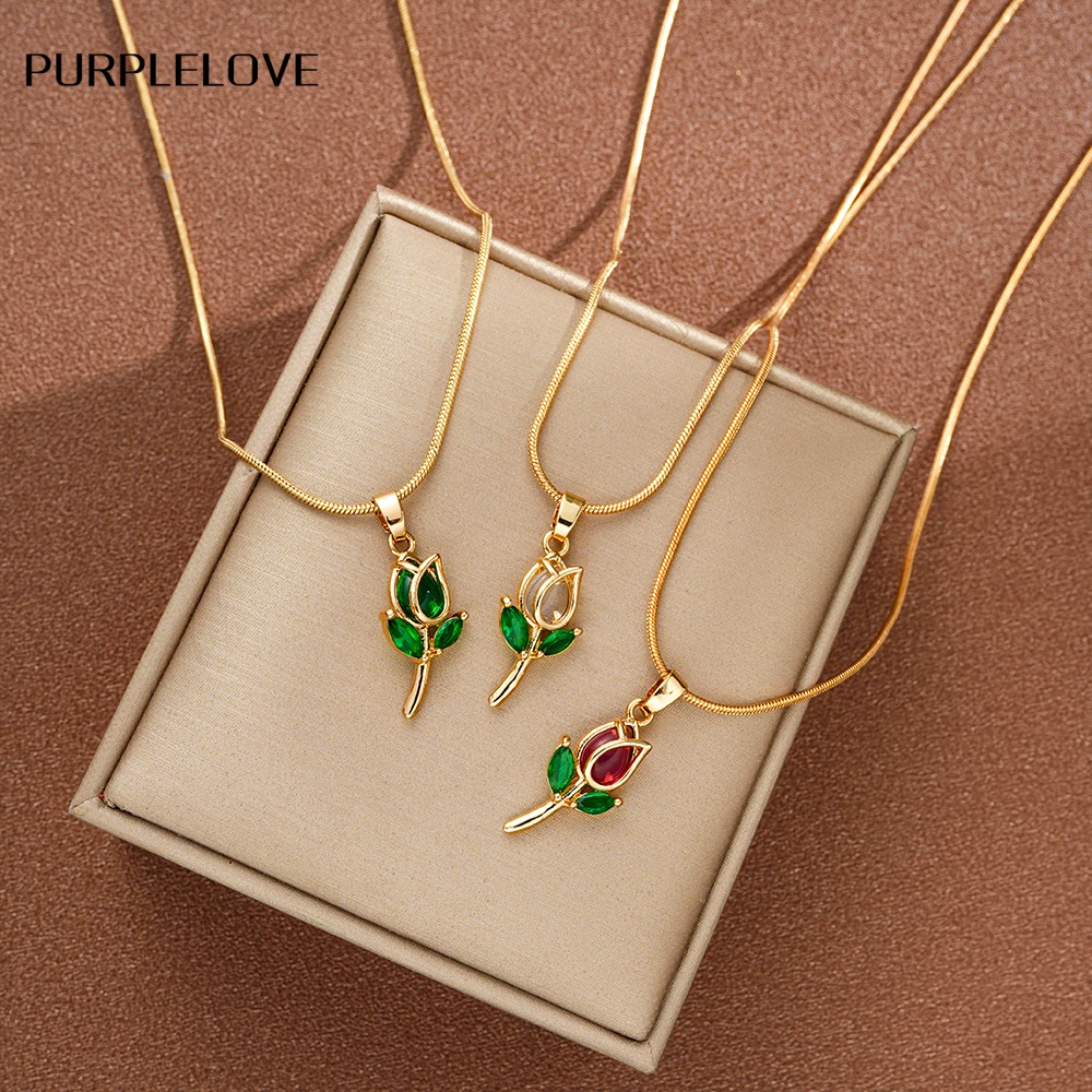 18K Gold Tulips Necklace for Women Fashion Zircon Pendant Choker Snake  Chain Bracelet Accessories Jewelry