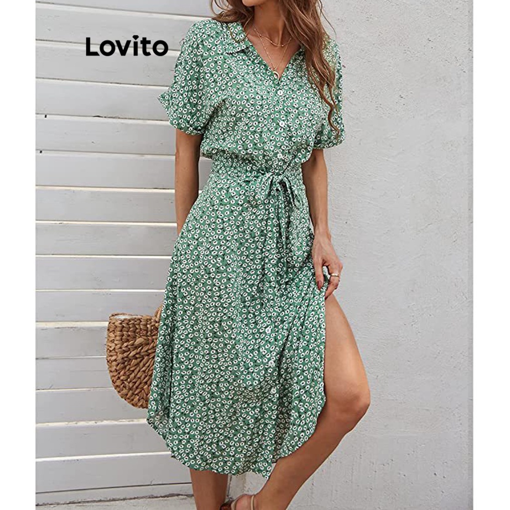 Lovito Women Boho Ditsy Floral Lace Up Belted Button Front Dress ...
