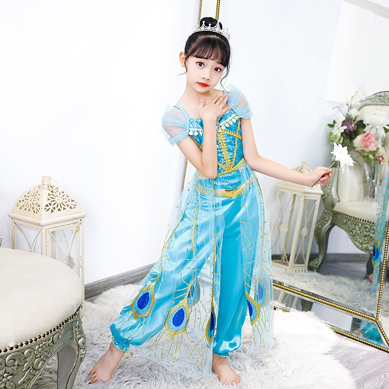 Jasmine Costume for Kids Girl Disney Aladdin Lamp Fairy Tale Princess Cosplay Aladin Costume for Kids Birthday Party Halloween Carnival Outfit