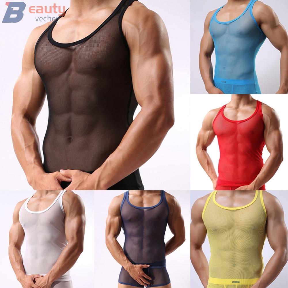 Mens Sexy Mesh T-shirt See Through Fishnet Gym Training Tank Top Vest ...