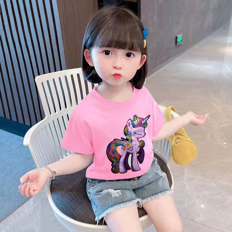 Cartoon Cartoon Colorful Lights Unicorn 2024 Summer Girls HighQuality Cool Cotton Children