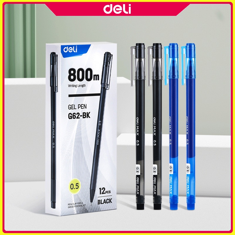 Deli EG62 Gel Pen 0.5mm Black/Blue Ink 800M Writing Ballpen For School ...
