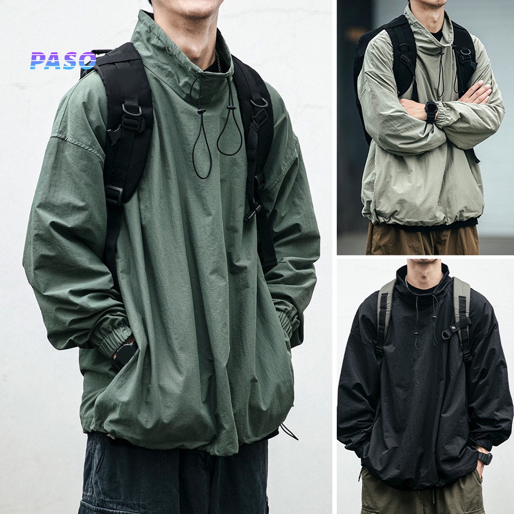 POW Men Jacket Solid Color Half Turtleneck Streetwear Autumn Washed Elastic Cuff Windbreaker for Shopee Philippines