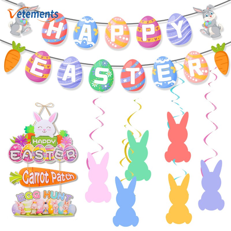 Colorful Easter Eggs Shape Paper Banner Exquisite Cartoon Rabbit Carrot ...