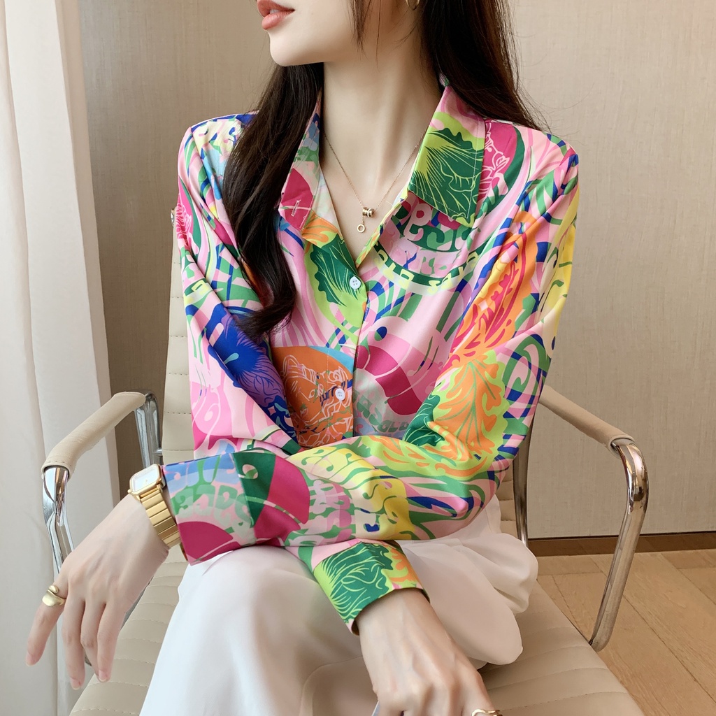 Fashion Women's New Lapel Top Casual Printed Long Sleeve Comfortable ...