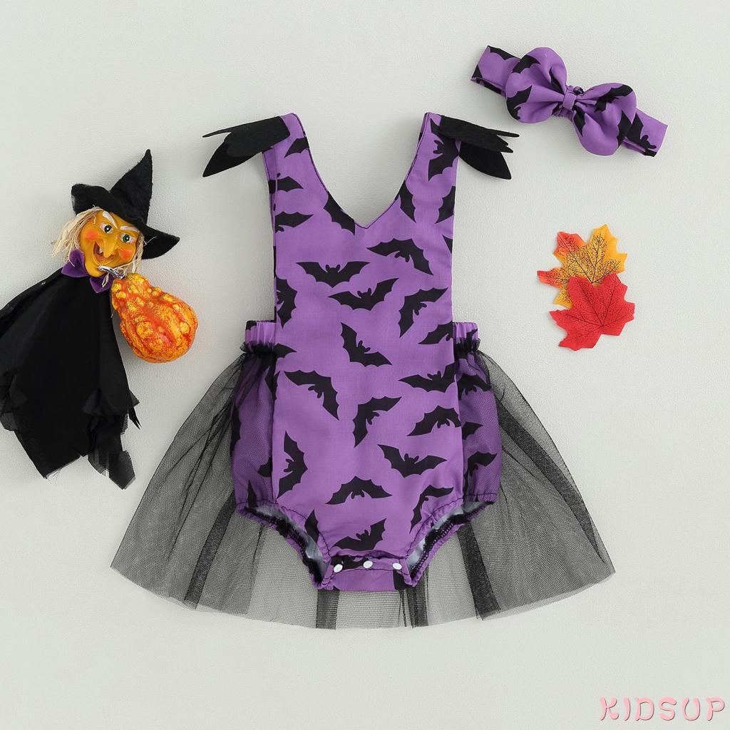 KIDSUP1Baby Girl Halloween Clothes Bat Print Summer Mesh Romper Dress