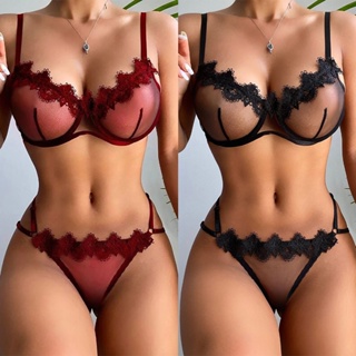 Women Sexy Lace Lingerie Set See Through Bra Thong Panties Garter Belt  Erotic Nightwear Underwear