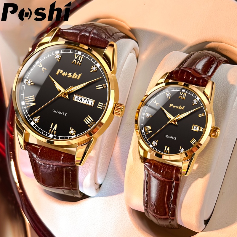 POSHI New Fashion Quartz Men Women Couple Watches double calendar  waterproof Leather Band Casual Luminous Sports Watch