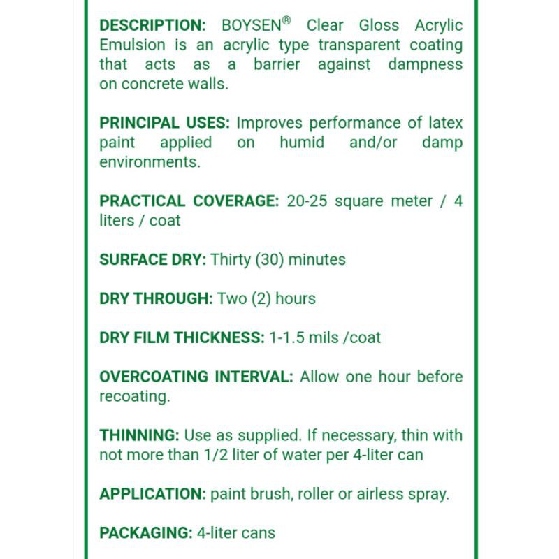 ♞Clear Acrylic Emulsion B700 4L Boysen Concrete Sealer Gloss Paint