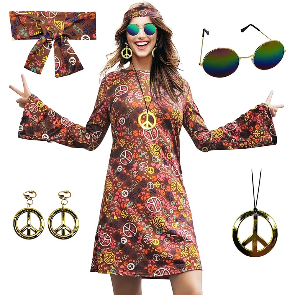 (ส่วนลด)MRYUWB 70s Hippie Dress Costumes Necklace Earrings Sunglass ...