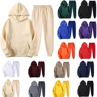 Pure Color Sports Hoodie with Pants Two Pieces Set