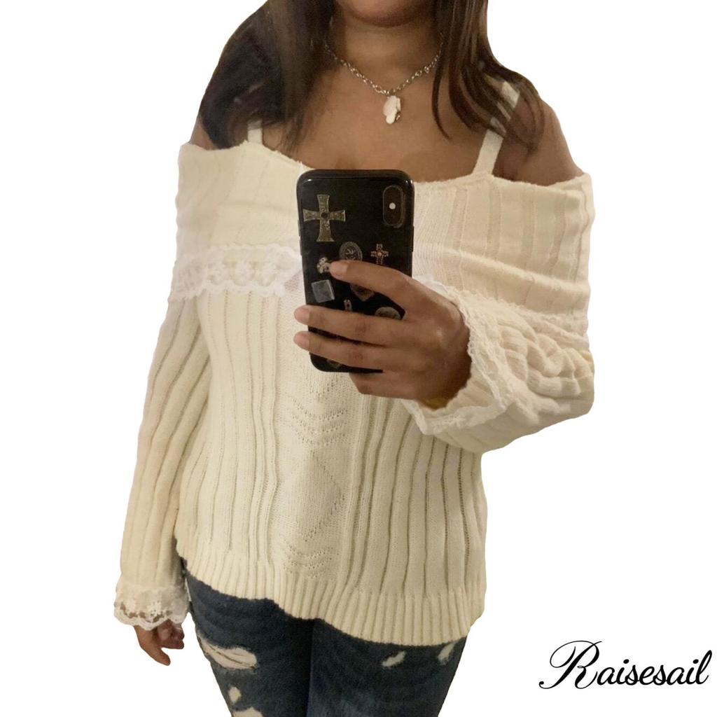 Rs Women s Cold Shoulder Sweaters Long Sleeve Contrast Lace Knit Pullovers Bow Front Jumper Tops Shopee Philippines