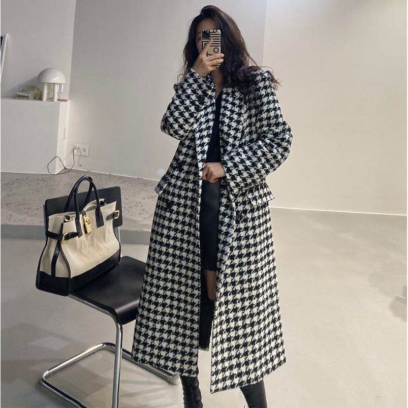 Wool coat women s 2023 autumn and winter new Korean fashion classic Thousand Bird check medium length above the knee tweed coat Shopee Philippines