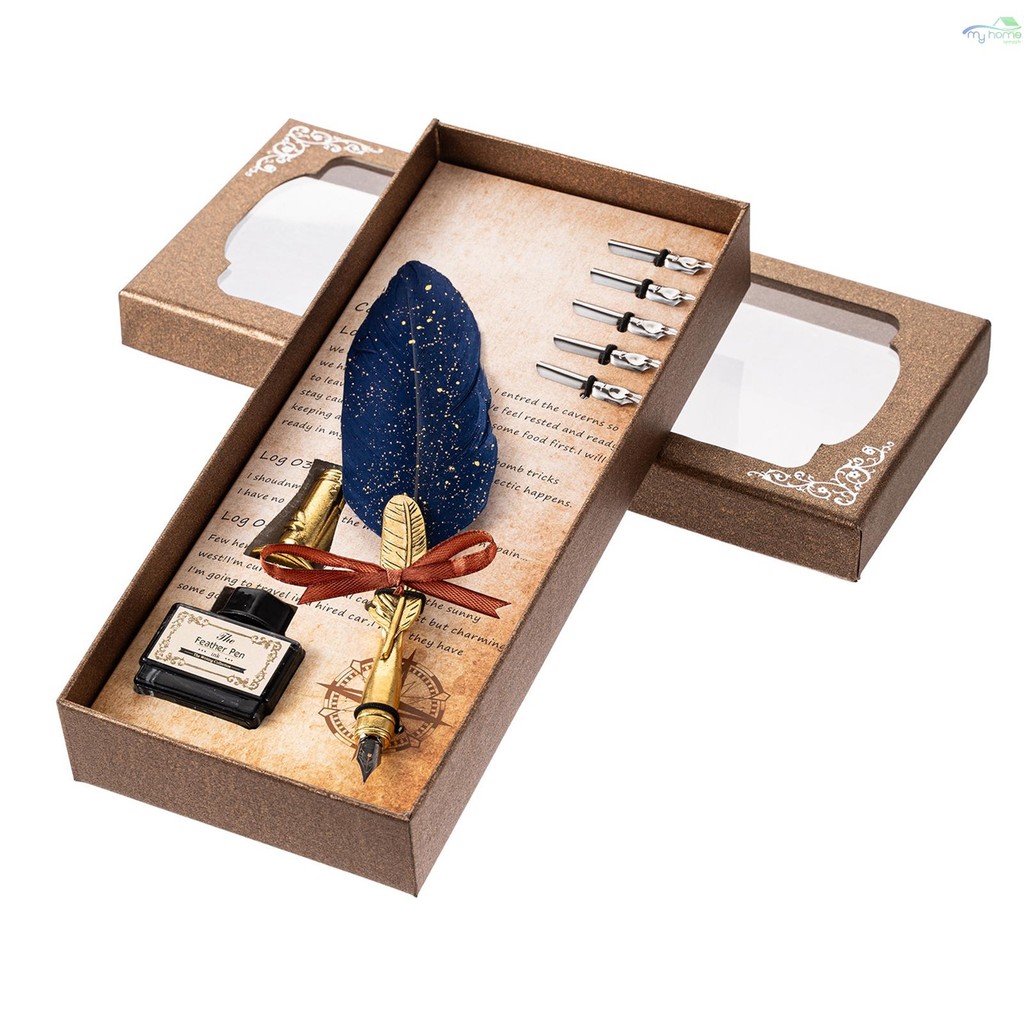 Quill Pen and Ink Set Retro Feather Dip Ink Pen Set Vintage Calligraphy ...