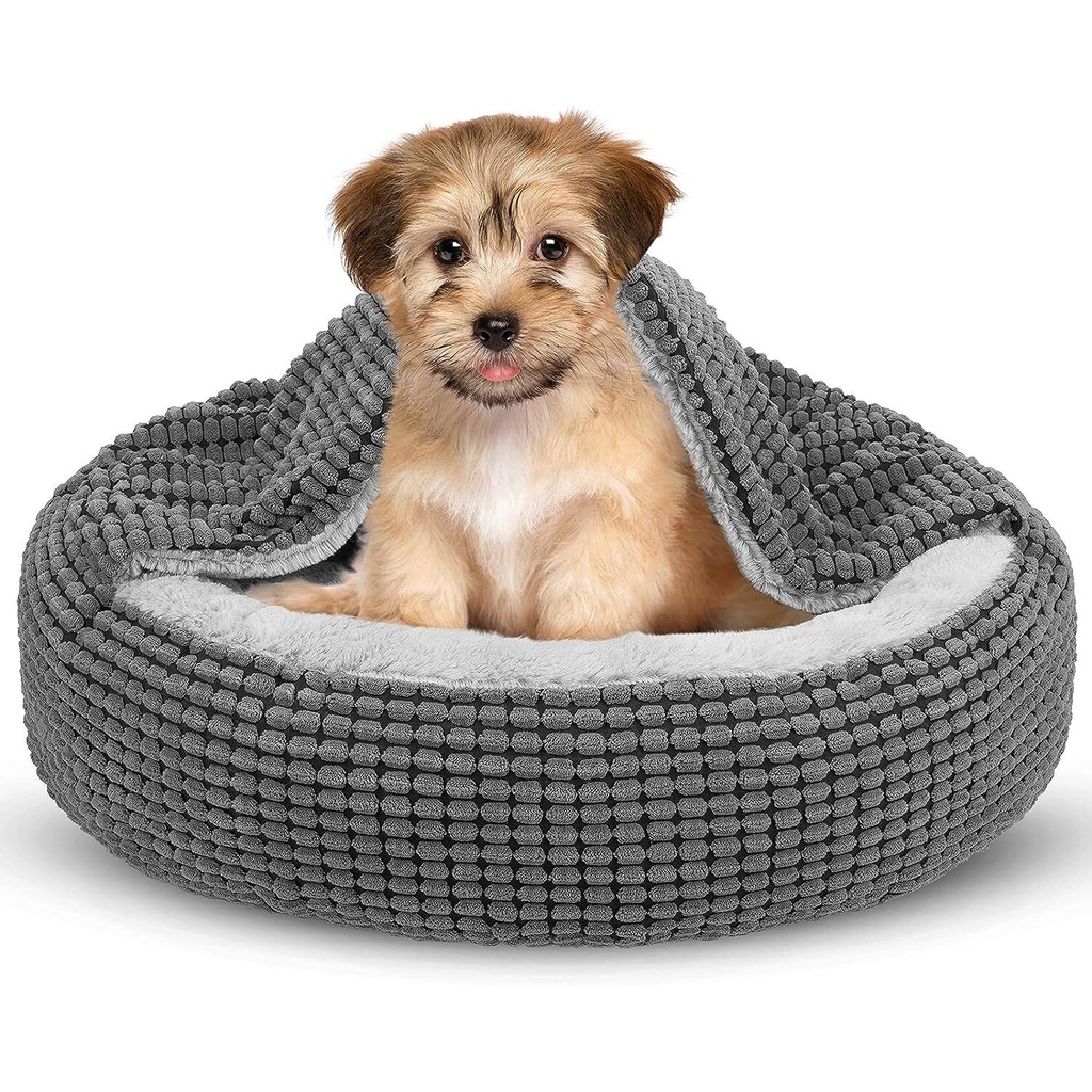 Small Dog Bed with Attached Blanket, Cozy Donut Cuddler Anti-Anxiety Hooded  Pet Beds Calming Cave Orthopedic Round Puppy Beds for Dogs or Cats