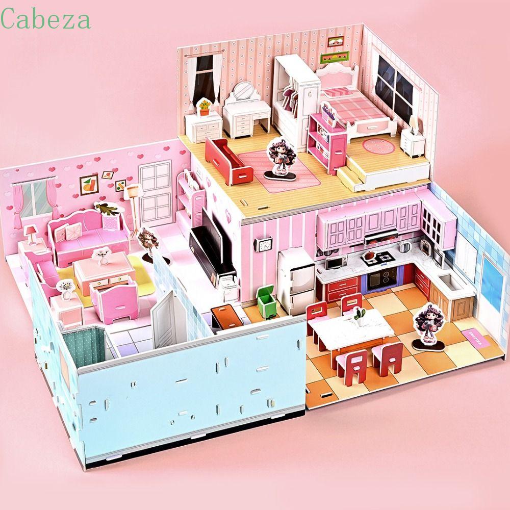CABEZA DIY Puzzle Dollhouse Room, Bedroom Kitchen Pretend Play Paper Doll  House, Creative Living Room Bathroom Cardboard 3D Paper Puzzle Room