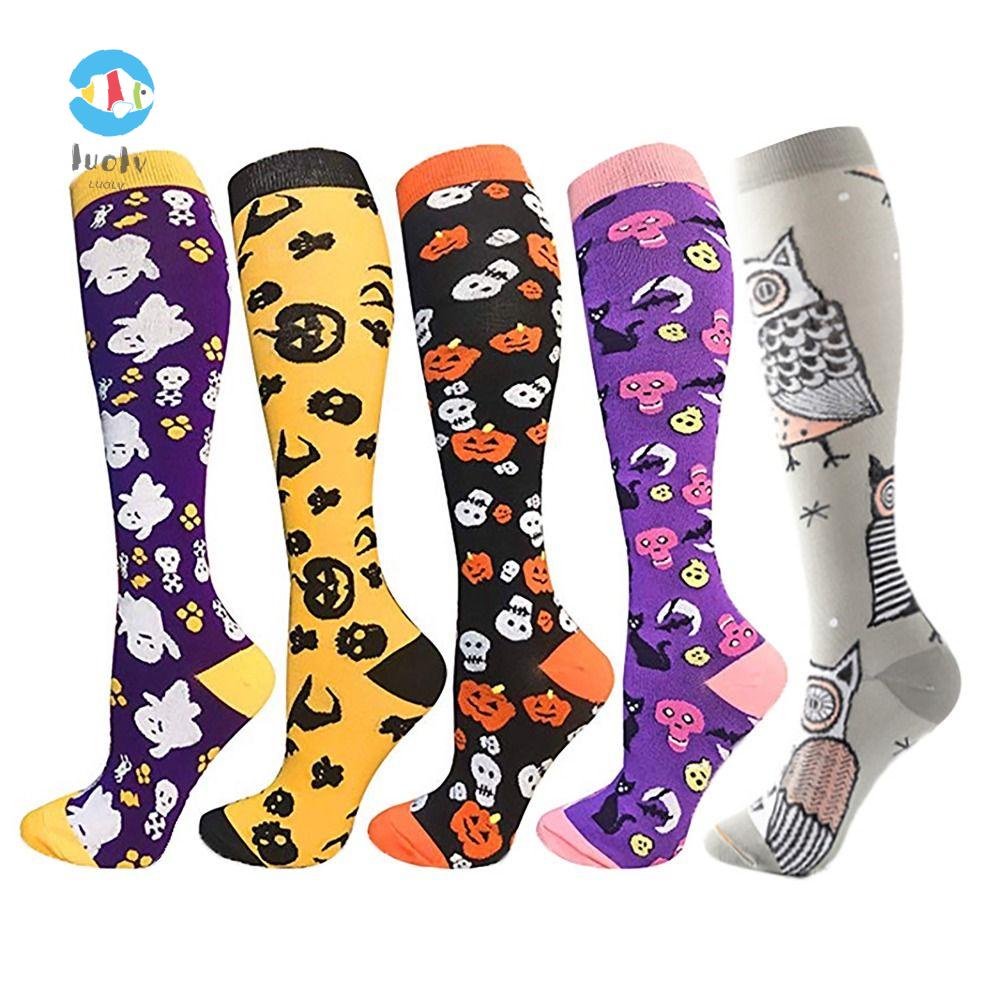 LUOLUVO Halloween Compression Socks, Over Knee Elastic Bat Pumpkin Owl ...