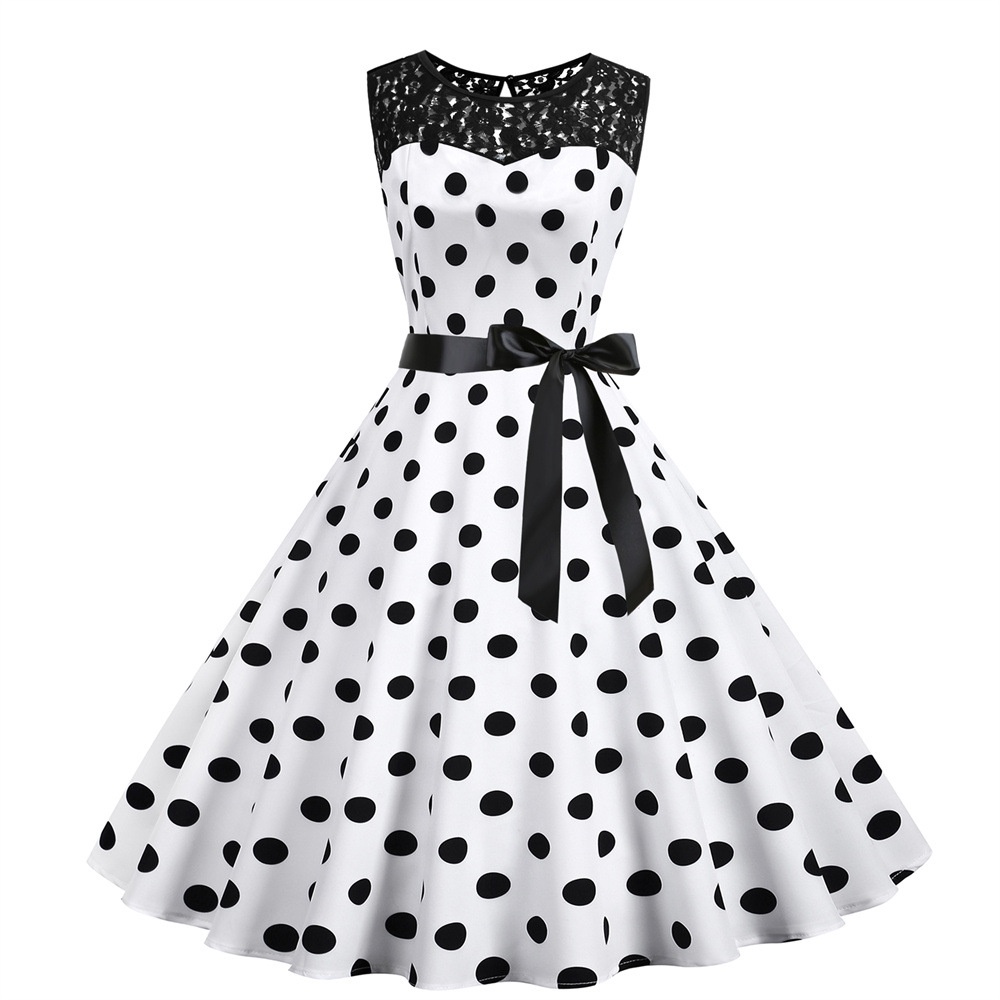 Retro Elegant Evening Dress Vintage Polka Dot Sleeveless Lace Stitching  A-Line Dress Fashion Party Big Swing Dresses | Shopee Philippines
