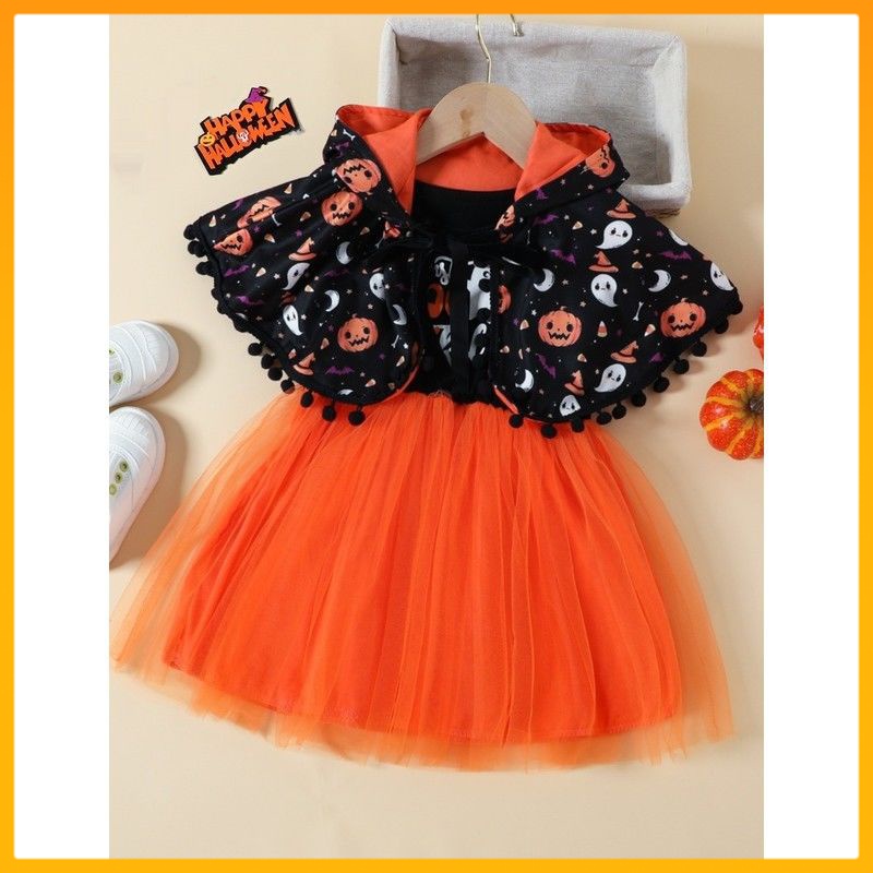 Children's Halloween Costume Girls' Cute Pumpkin Dress TwoPiece Set